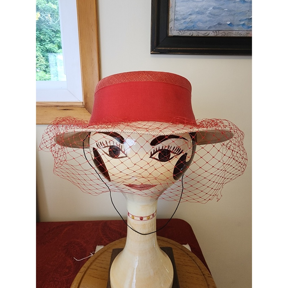 Fedoria Vintage Red Straw Boater Hat Birdcage Veil Grosgrain Bow Straw Millinery